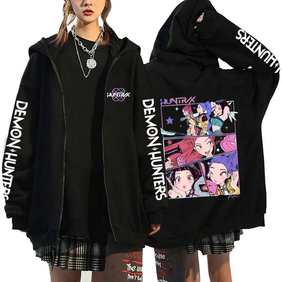 2025 Kpop Demon Hunters Print Zipper Hoodie Women Casual Harajuku Rits Hoodies Autumn Winter Long Sleeve Fleece Sweatshirts