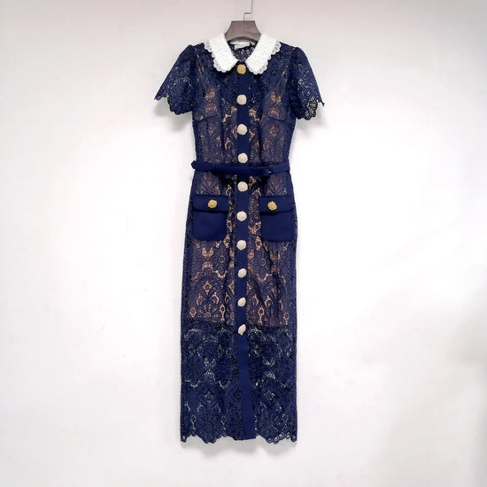 Water soluble lace Navy Blue peter pan collar pocket buttons decoration women dress high waist slim temperament Pencil Dress