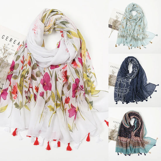 Womens Fashion Print Scarf  Wrap Shawls Retro Soft Floral Tassel Scarves