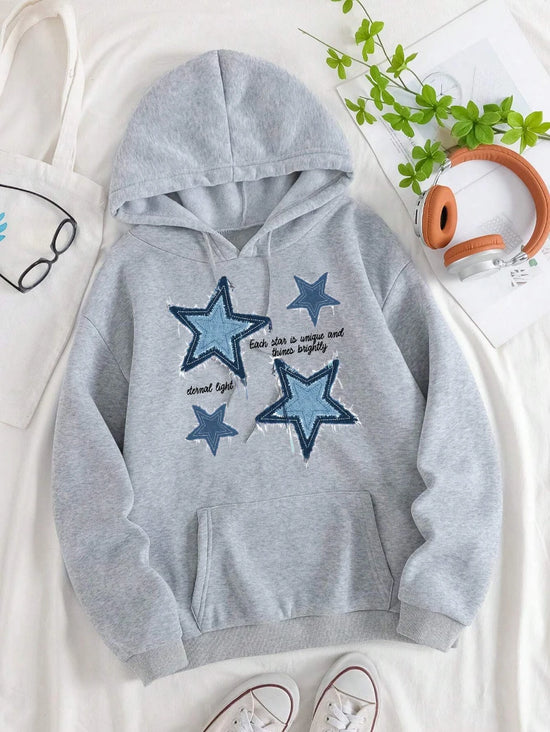 Retro Blue Jean Star Print Hoody Women Loose Pocket Hoodies Multicolor Autumn Pullover All-Match Fleece Female Streetwear