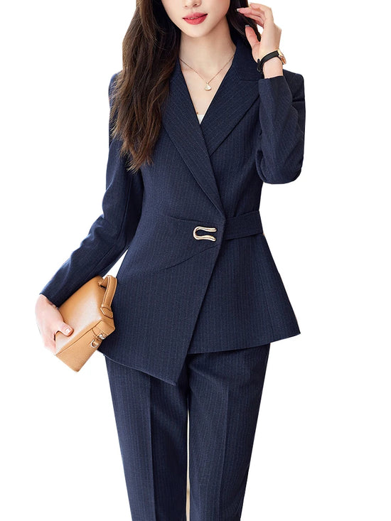Fashion Ladies Pant Suit Women Gray Blue Black Striped Female Business Work Wear Formal Jacket Blazer and Trouser 2 Piece Set