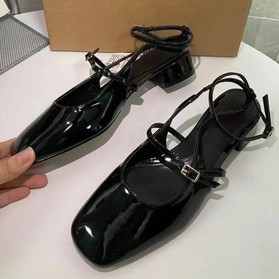 Elegant Office Shoes for Women Black Leather Square Toe Chic Outdoor Casual Slingbacks Ankle Strap Summer Lady Heeled Sandals
