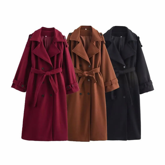 Fashionable Long Loose Coat with Waist Belt And Double Row Buttons Elegant Women&