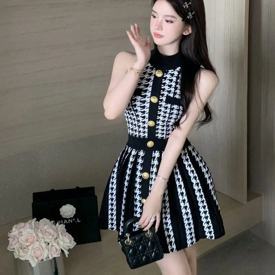 2024 Korean Style Spicy Girl Sweater Dress Thousand Birds Plaid Waist-Fitted Knitwear Women&