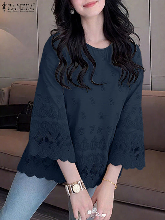 2025 Autumn Cotton Vintage Blouse Women Fashion Flare Sleeve Tops ZANZEA Casual Loose Tunic O Neck Solid Color Pullover Oversize