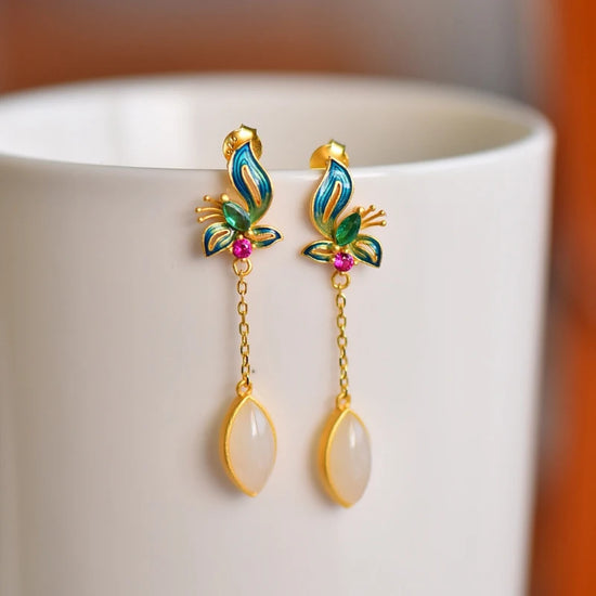 Natural Hetian White Jade Court Style Earrings for Women Original Butterfly Vintage Chinese Styles Earings High Fine Jewelry