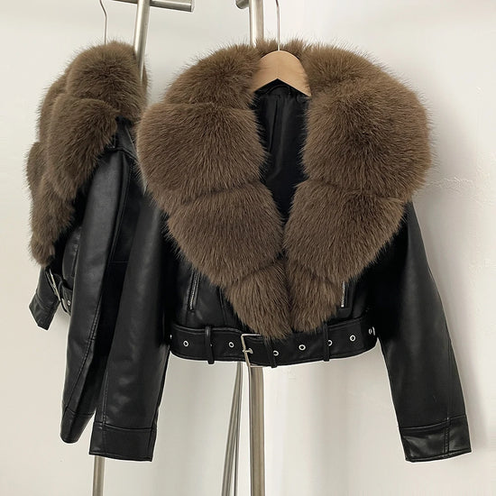 Faux Fur Coat  Female Autumn Faux Leather Jacket Short Clothing Long Sleeve Spring New PU Fur Jacket Artificial Women Pockets