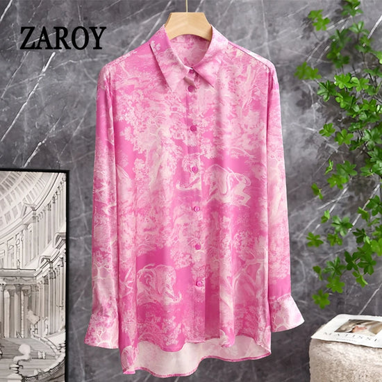 ZAROY 3XL Luxury Designer Women Shirt Fashion Pink Print Female Shirts Summer Autumn Long Sleeve Polo Neck Slim Blouses Camisas