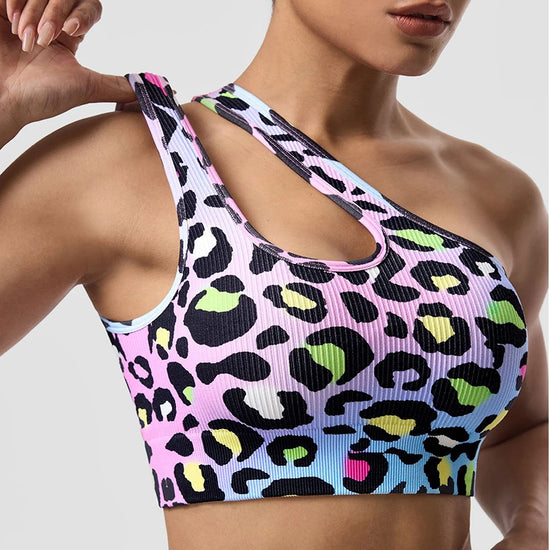 Asymmetric Shoulder Leopard Print Sports Bra Women Seamless Sexy Open Back Running Workout Top Single Strap Fitness Crop Top