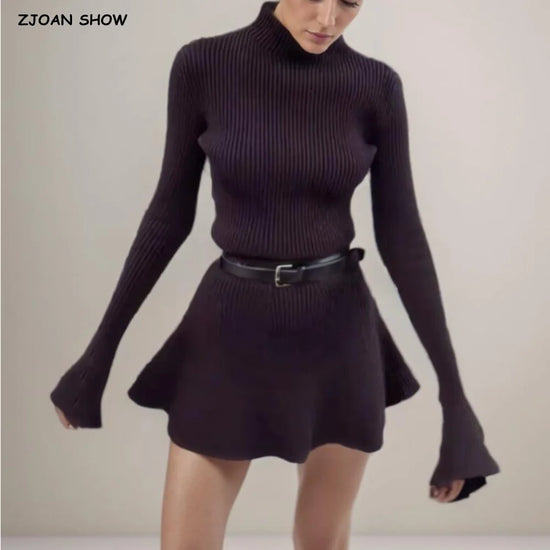 2025 Sexy High Collar Rib Line Knitted Long Flare Sleeve Sweater Dress Women Slim Waist Swing Short Dresses Knitwear Robe Brown