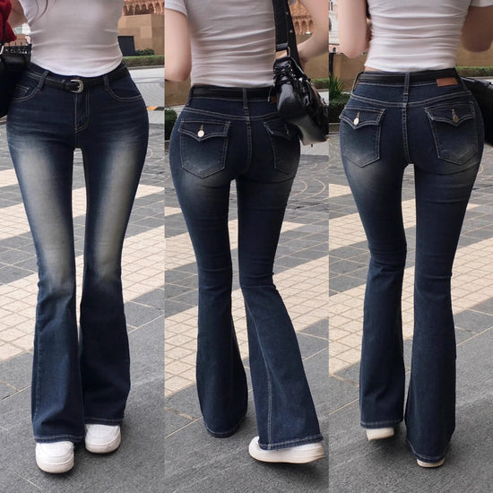 Low Waist Flared Jeans Slimming Legs Plump Hips Bla ey Cotton Stretch Denim Pants Women&