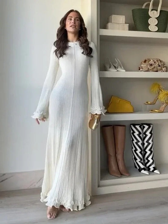 Women Solid Ruffles Knitted Dress Loose Elegant O Neck Long Trumpet Sleeve Maxi Dresses  New Spring Summer Female Knitwear