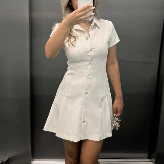 Talenza Lapel Pleated Mini Dress For Women Single Breasted Short Sleeve Shirt High Waist Dress Female Vintage Casual Slim Dress
